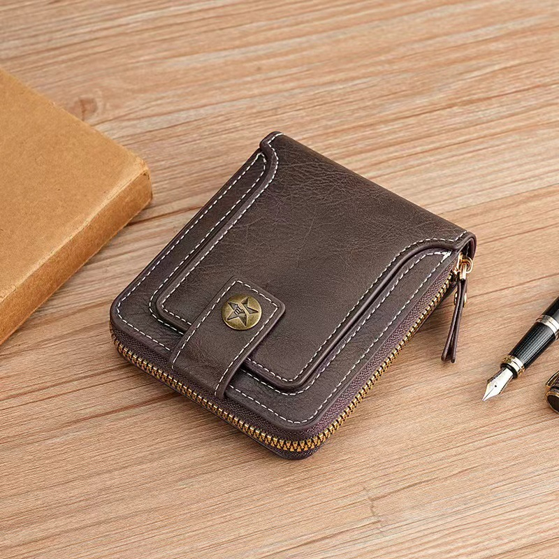 European and American Style Men's Buckle Money Clip Pu Leather Short Zipper Tri-fold Wallet